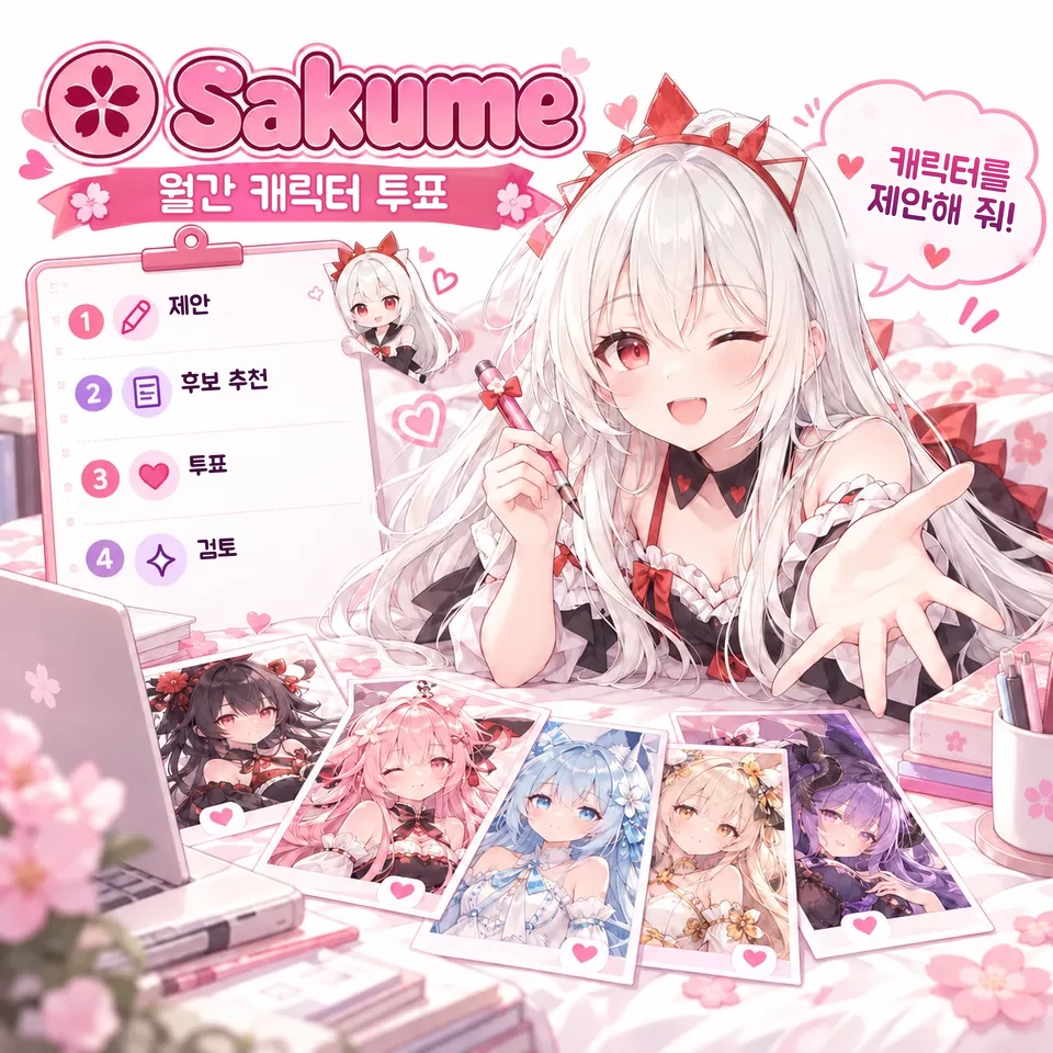 캐릭터 제안과 커뮤니티 투표 참여를 권하는 Sakume 마스코트