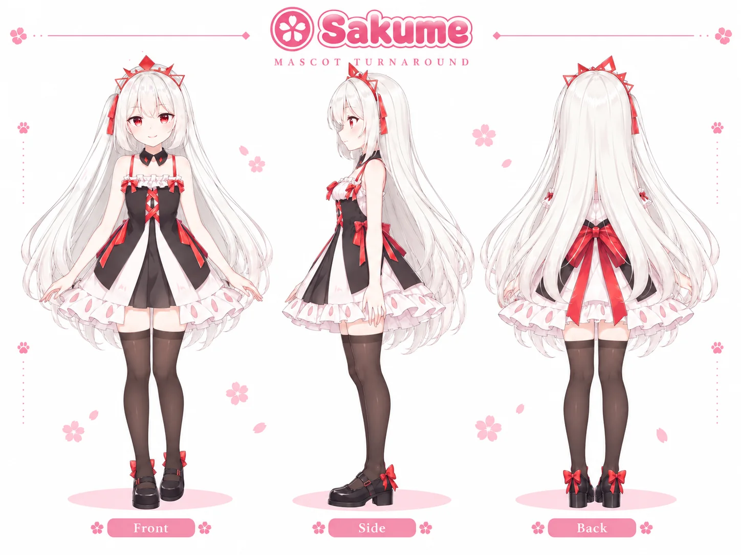 마스코트 Sakume 삼면도: 빨간 눈과 긴 흰 머리의 소녀가 빨간 리본이 달린 흑백 원피스를 입고 정면·측면·후면을 보여 주는 모습